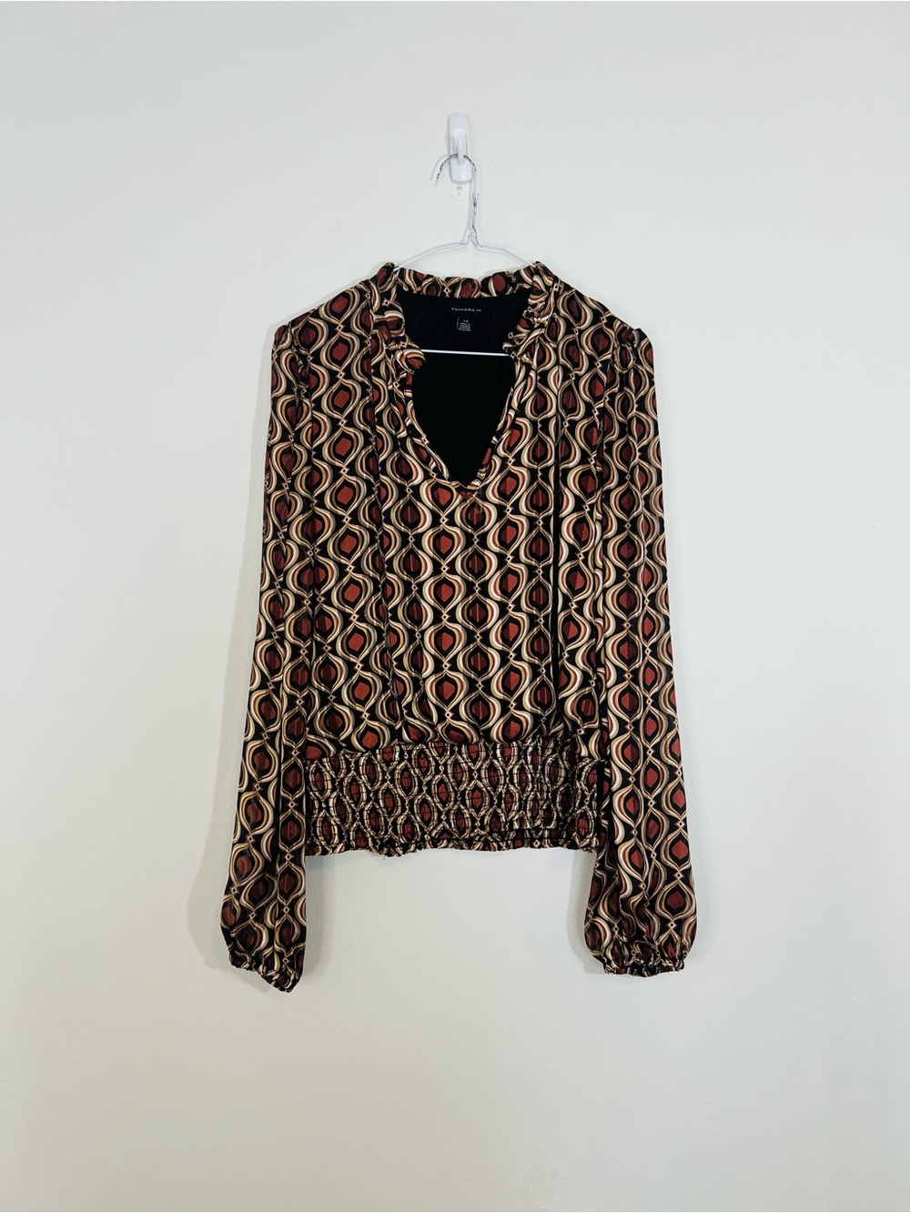 Geometric Print Smocked-Waist Blouse - Brown Multi